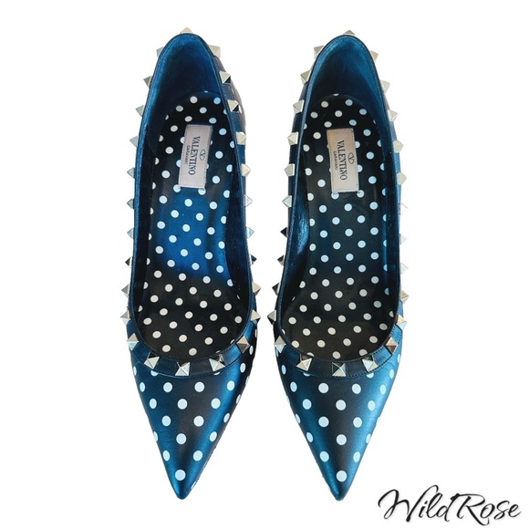 VALENTINO GARAVANI BLACK & WHITE POLKADOT ROCKSTUD POINTY TOE HEELS SZ 40 - Picture 7 of 17
